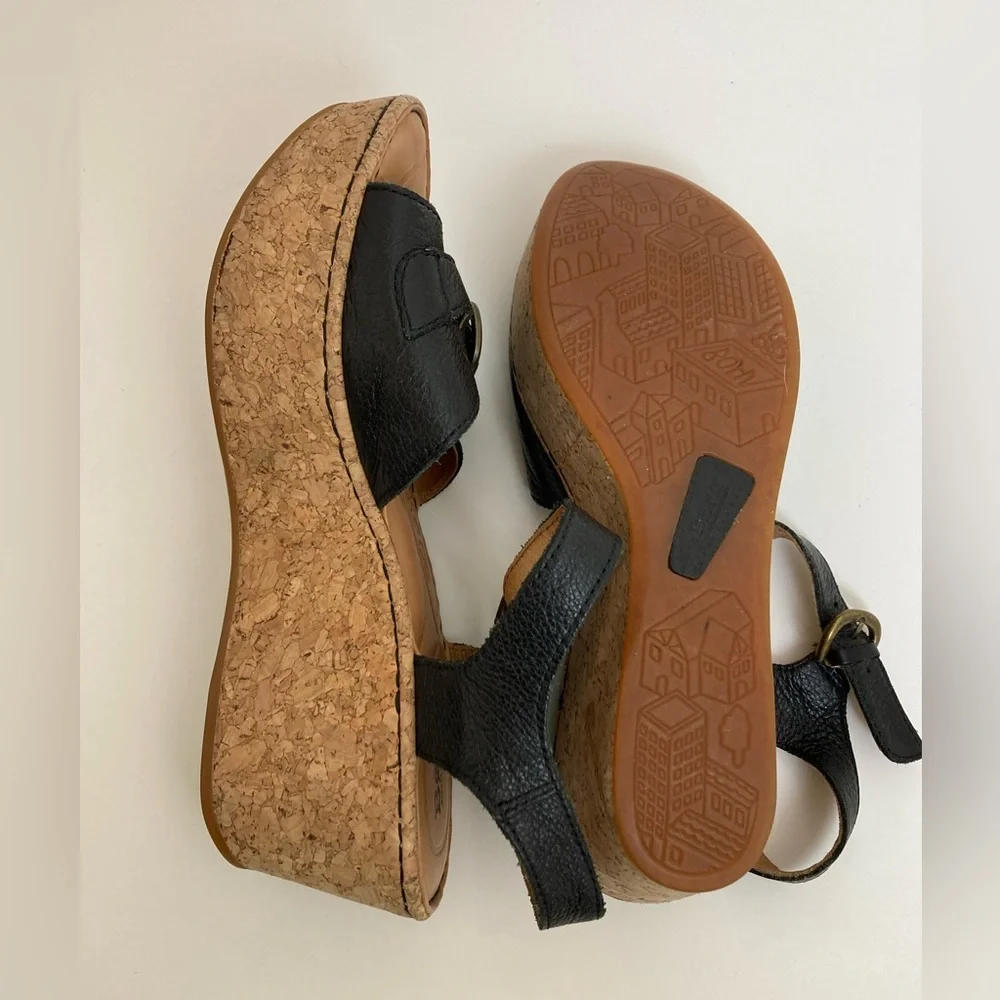 *Born Black Leather Platform Buckle & Ankle Strap Size 8 Cork Wedge Sandal #SR